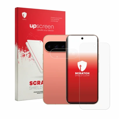 Parte frontale di una confezione del prodotto con il logo del marchio upscreen. Accanto è raffigurato il dispositivo Google Pi