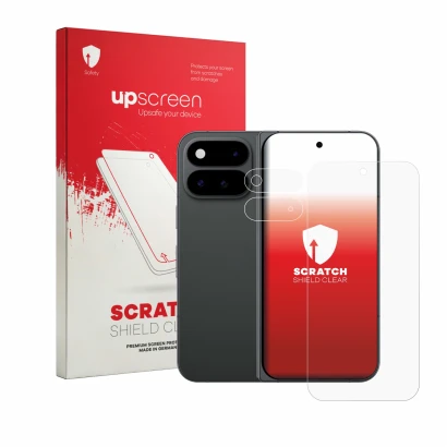 Parte frontale di una confezione del prodotto con il logo del marchio upscreen. Accanto è raffigurato il dispositivo Google Pi