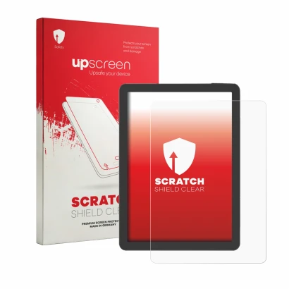 Parte frontale di una confezione del prodotto con il logo del marchio upscreen. Accanto è raffigurato il dispositivo Bigme B6