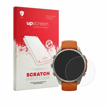 Parte frontale di una confezione del prodotto con il logo del marchio upscreen. Accanto è raffigurato il dispositivo Garmin Fe