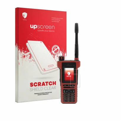 Parte frontale di una confezione del prodotto con il logo del marchio upscreen. Accanto è raffigurato il dispositivo Motorola