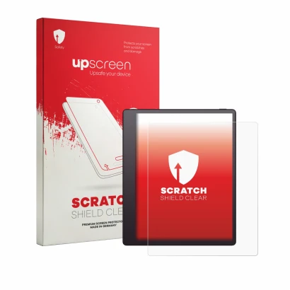 Parte frontale di una confezione del prodotto con il logo del marchio upscreen. Accanto è raffigurato il dispositivo Boox Note