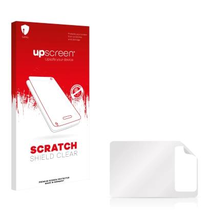 Parte frontale di una confezione del prodotto con il logo del marchio upscreen. Accanto si trova la protezione per lo schermo