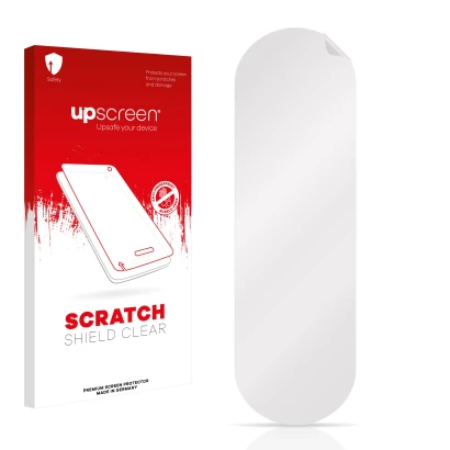 Parte frontale di una confezione del prodotto con il logo del marchio upscreen. Accanto si trova la protezione per lo schermo