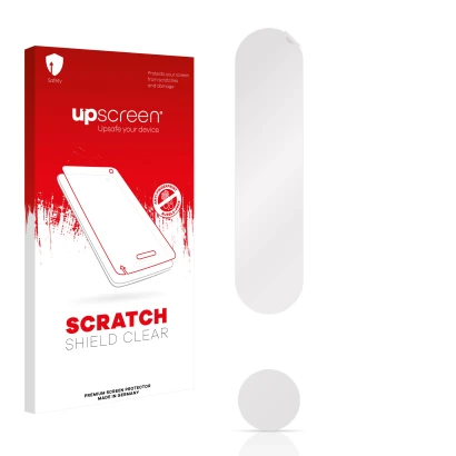 Parte frontale di una confezione del prodotto con il logo del marchio upscreen. Accanto si trova la protezione per lo schermo