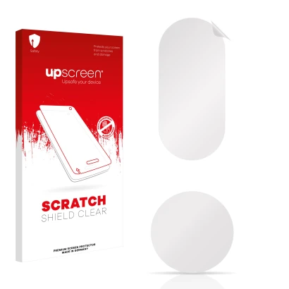 Parte frontale di una confezione del prodotto con il logo del marchio upscreen. Accanto si trova la protezione per lo schermo