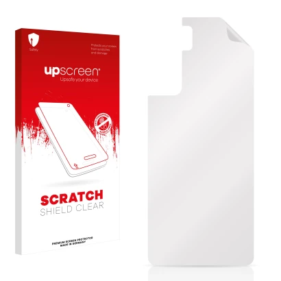 Parte frontale di una confezione del prodotto con il logo del marchio upscreen. Accanto si trova la protezione per lo schermo