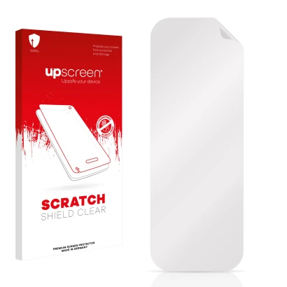 Parte frontale di una confezione del prodotto con il logo del marchio upscreen. Accanto si trova la protezione per lo schermo