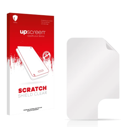 Parte frontale di una confezione del prodotto con il logo del marchio upscreen. Accanto si trova la protezione per lo schermo
