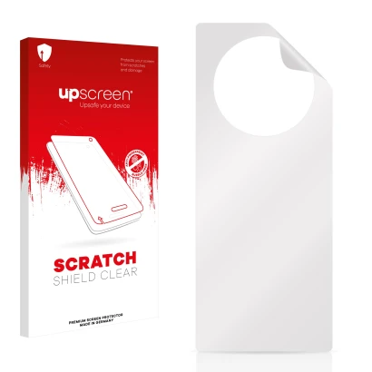 Parte frontale di una confezione del prodotto con il logo del marchio upscreen. Accanto si trova la protezione per lo schermo
