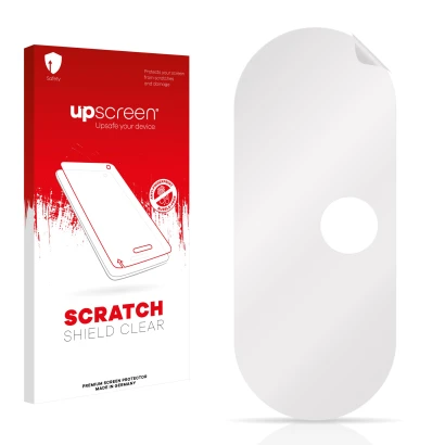 Parte frontale di una confezione del prodotto con il logo del marchio upscreen. Accanto si trova la protezione per lo schermo