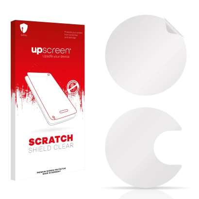 Parte frontale di una confezione del prodotto con il logo del marchio upscreen. Accanto si trova la protezione per lo schermo 