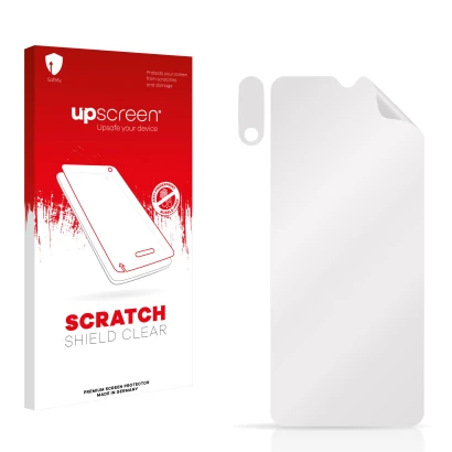 Parte frontale di una confezione del prodotto con il logo del marchio upscreen. Accanto si trova la protezione per lo schermo