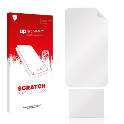 Parte frontale di una confezione del prodotto con il logo del marchio upscreen. Accanto si trova la protezione per lo schermo
