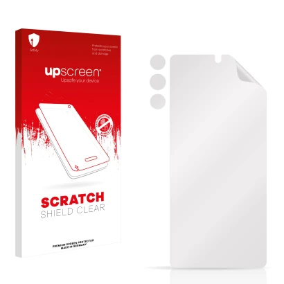 Parte frontale di una confezione del prodotto con il logo del marchio upscreen. Accanto si trova la protezione per lo schermo