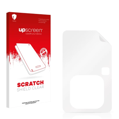 Parte frontale di una confezione del prodotto con il logo del marchio upscreen. Accanto si trova la protezione per lo schermo