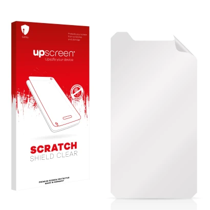 Parte frontale di una confezione del prodotto con il logo del marchio upscreen. Accanto si trova la protezione per lo schermo