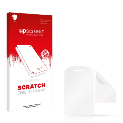 Parte frontale di una confezione del prodotto con il logo del marchio upscreen. Accanto si trova la protezione per lo schermo