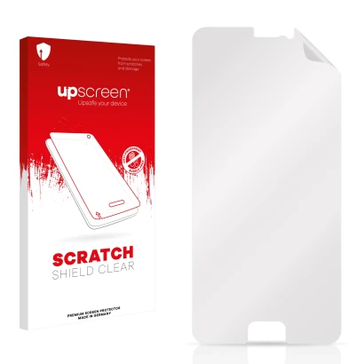 Parte frontale di una confezione del prodotto con il logo del marchio upscreen. Accanto si trova la protezione per lo schermo 