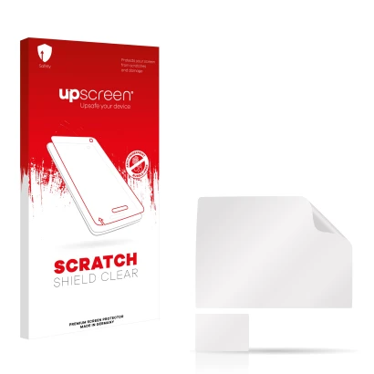 Parte frontale di una confezione del prodotto con il logo del marchio upscreen. Accanto si trova la protezione per lo schermo