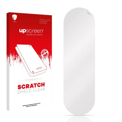 Parte frontale di una confezione del prodotto con il logo del marchio upscreen. Accanto si trova la protezione per lo schermo