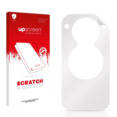 Parte frontale di una confezione del prodotto con il logo del marchio upscreen. Accanto si trova la protezione per lo schermo
