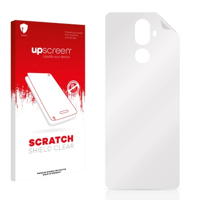 Parte frontale di una confezione del prodotto con il logo del marchio upscreen. Accanto si trova la protezione per lo schermo 