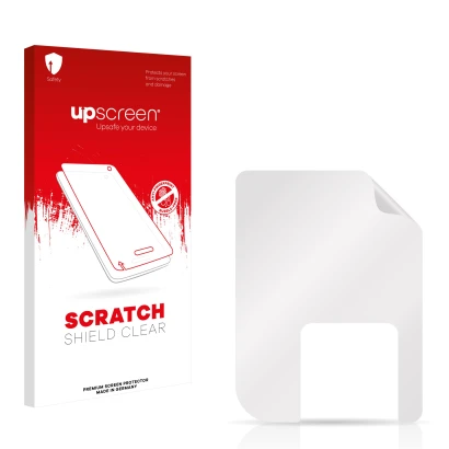 Parte frontale di una confezione del prodotto con il logo del marchio upscreen. Accanto si trova la protezione per lo schermo