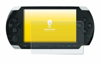 Immagine del dispositivo Sony PSP 1000 con un'ampia varietà di protezioni per lo schermo.
