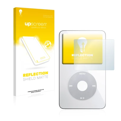 Parte frontale di una confezione del prodotto con il logo del marchio upscreen. Accanto è raffigurato il dispositivo Apple iPo