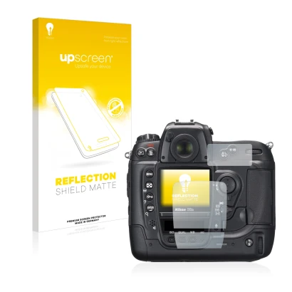 Parte frontale di una confezione del prodotto con il logo del marchio upscreen. Accanto è raffigurato il dispositivo Nikon D2X