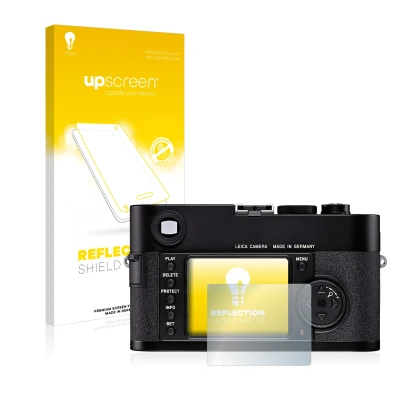 Parte frontale di una confezione del prodotto con il logo del marchio upscreen. Accanto è raffigurato il dispositivo Leica M8