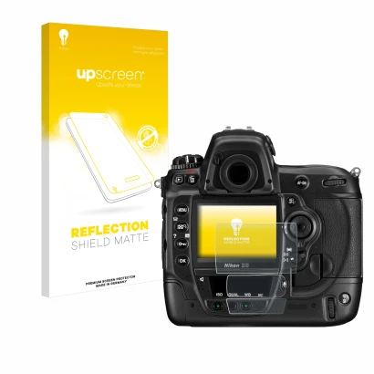 Parte frontale di una confezione del prodotto con il logo del marchio upscreen. Accanto è raffigurato il dispositivo Nikon D3