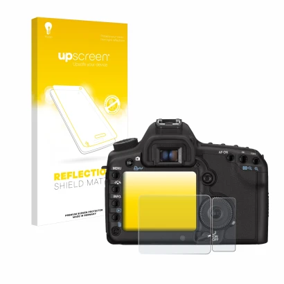 Parte frontale di una confezione del prodotto con il logo del marchio upscreen. Accanto è raffigurato il dispositivo Canon EOS