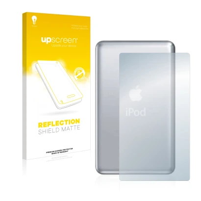 Parte frontale di una confezione del prodotto con il logo del marchio upscreen. Accanto è raffigurato il dispositivo Apple iPo