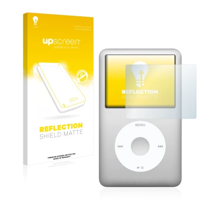 Parte frontale di una confezione del prodotto con il logo del marchio upscreen. Accanto è raffigurato il dispositivo Apple iPo