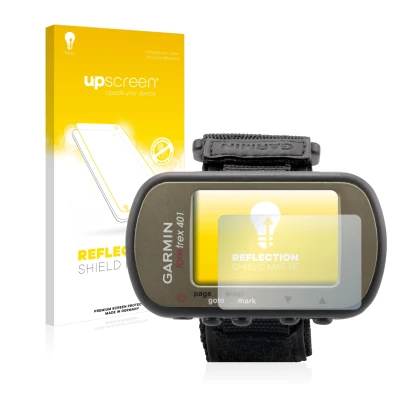 Parte frontale di una confezione del prodotto con il logo del marchio upscreen. Accanto è raffigurato il dispositivo Garmin Fo