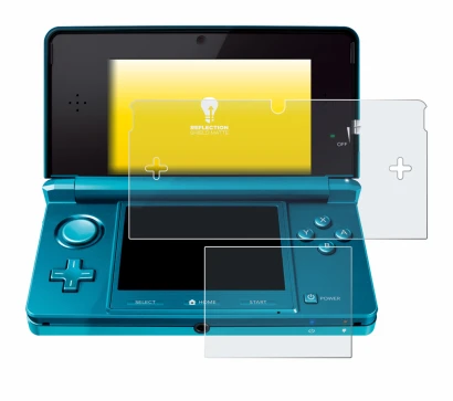Immagine del dispositivo Nintendo 3DS con un'ampia varietà di protezioni per lo schermo.