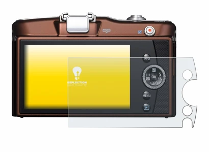 Immagine del dispositivo Olympus PEN E-PM1 con un'ampia varietà di protezioni per lo schermo.