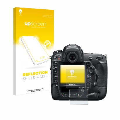 Parte frontale di una confezione del prodotto con il logo del marchio upscreen. Accanto è raffigurato il dispositivo Nikon D4