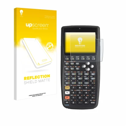 Parte frontale di una confezione del prodotto con il logo del marchio upscreen. Accanto è raffigurato il dispositivo HP 50g F2