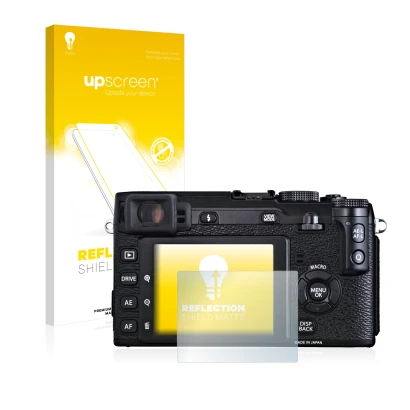 Parte frontale di una confezione del prodotto con il logo del marchio upscreen. Accanto è raffigurato il dispositivo Fujifilm