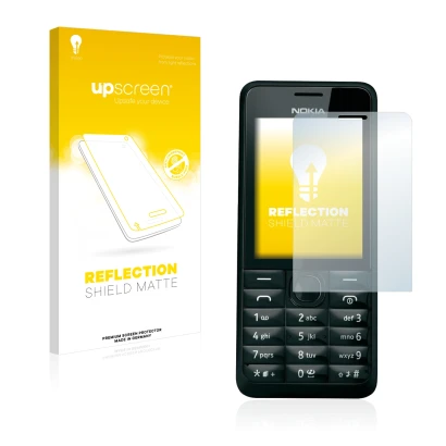 Parte frontale di una confezione del prodotto con il logo del marchio upscreen. Accanto è raffigurato il dispositivo Nokia 301