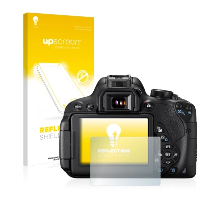 Parte frontale di una confezione del prodotto con il logo del marchio upscreen. Accanto è raffigurato il dispositivo Canon EOS