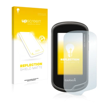 Parte frontale di una confezione del prodotto con il logo del marchio upscreen. Accanto è raffigurato il dispositivo Garmin Or