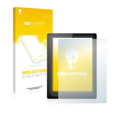 Parte frontale di una confezione del prodotto con il logo del marchio upscreen. Accanto è raffigurato il dispositivo Kobo Aura