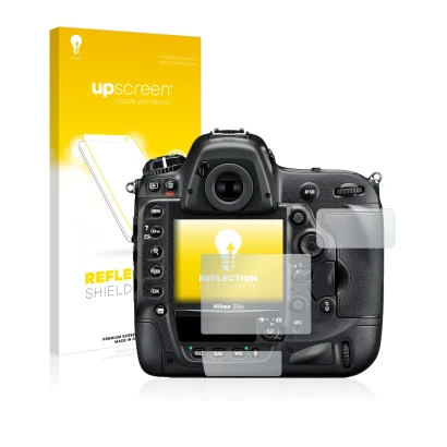 Parte frontale di una confezione del prodotto con il logo del marchio upscreen. Accanto è raffigurato il dispositivo Nikon D4S