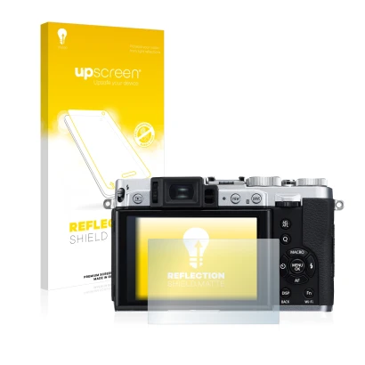 Parte frontale di una confezione del prodotto con il logo del marchio upscreen. Accanto è raffigurato il dispositivo Fujifilm