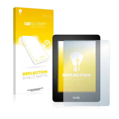 Parte frontale di una confezione del prodotto con il logo del marchio upscreen. Accanto è raffigurato il dispositivo Amazon Ki