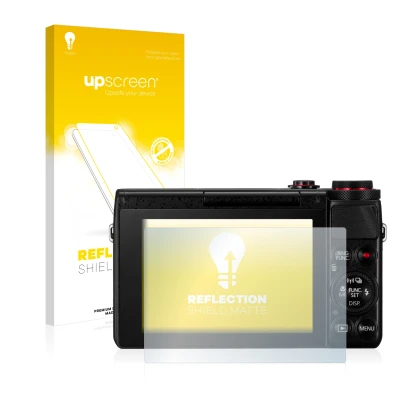 Parte frontale di una confezione del prodotto con il logo del marchio upscreen. Accanto è raffigurato il dispositivo Canon Pow